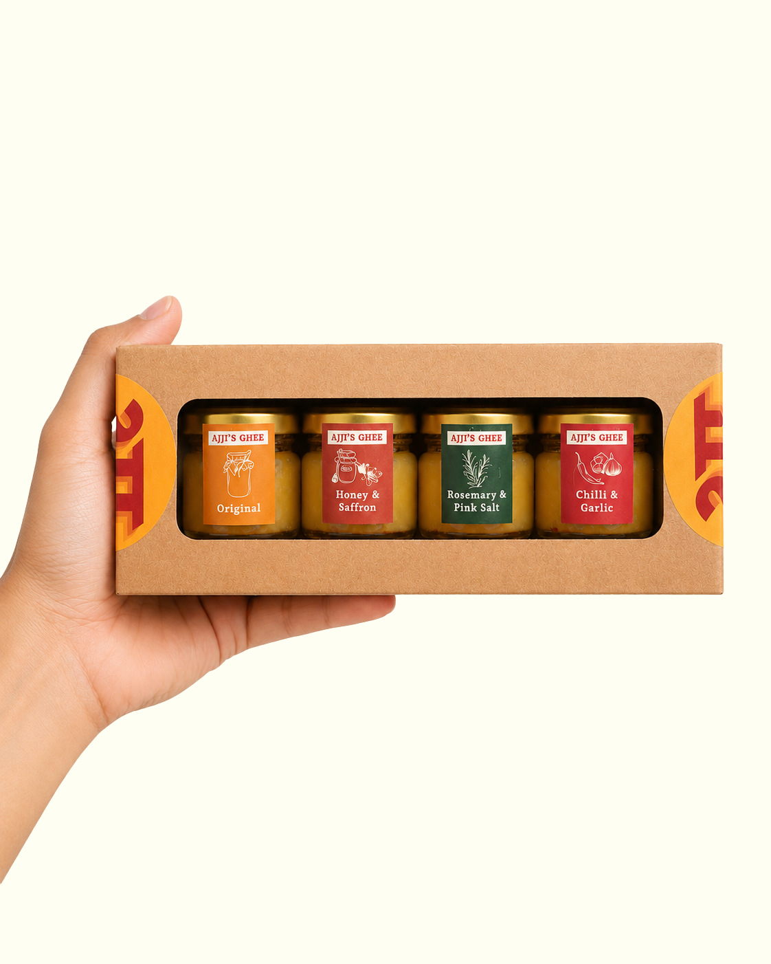 Ajji’s Ghee Sampling Set with four mini jars of cultured ghee flavours