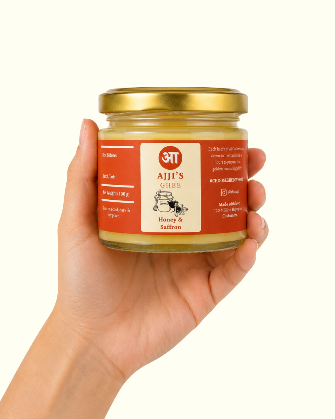 Jar of Ajji’s Honey Saffron Ghee, flavoured cultured ghee with honey and saffron