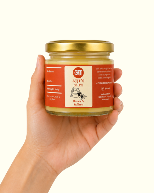 Jar of Ajji’s Honey Saffron Ghee, flavoured cultured ghee with honey and saffron