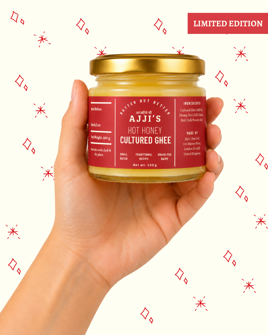 hand holding ajji's hot honey cultured ghee