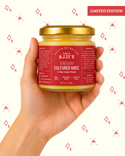 hand holding ajji's tandoori cultured ghee